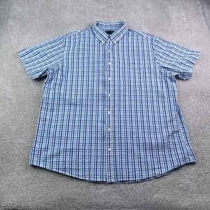 Lands End Shirt Mens 2XL Tall Blue Checkered Seersucker Puckered Short Sleeve